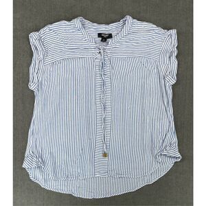 Nine West Blouse Women L Blue White Stripe‎ Short Sleeve Tie Neck Lightweight